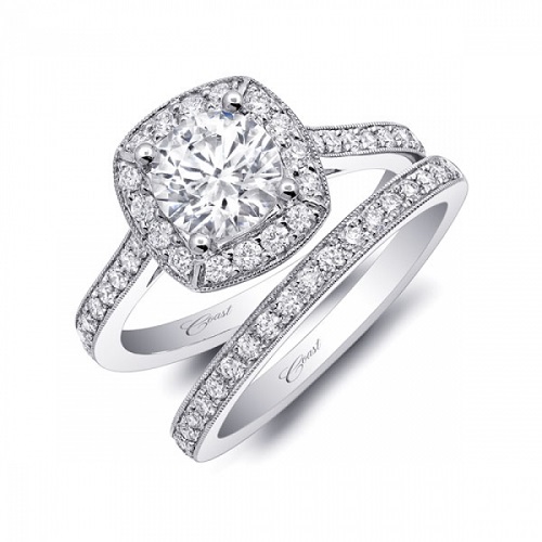 Coast Diamond halo engagement ring LC5357 pave diamonds milgrain edging